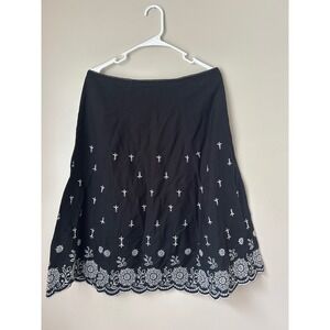 Black Embroidered Skirt Notations Cotton A-Line Floral Applique Women's L Large
